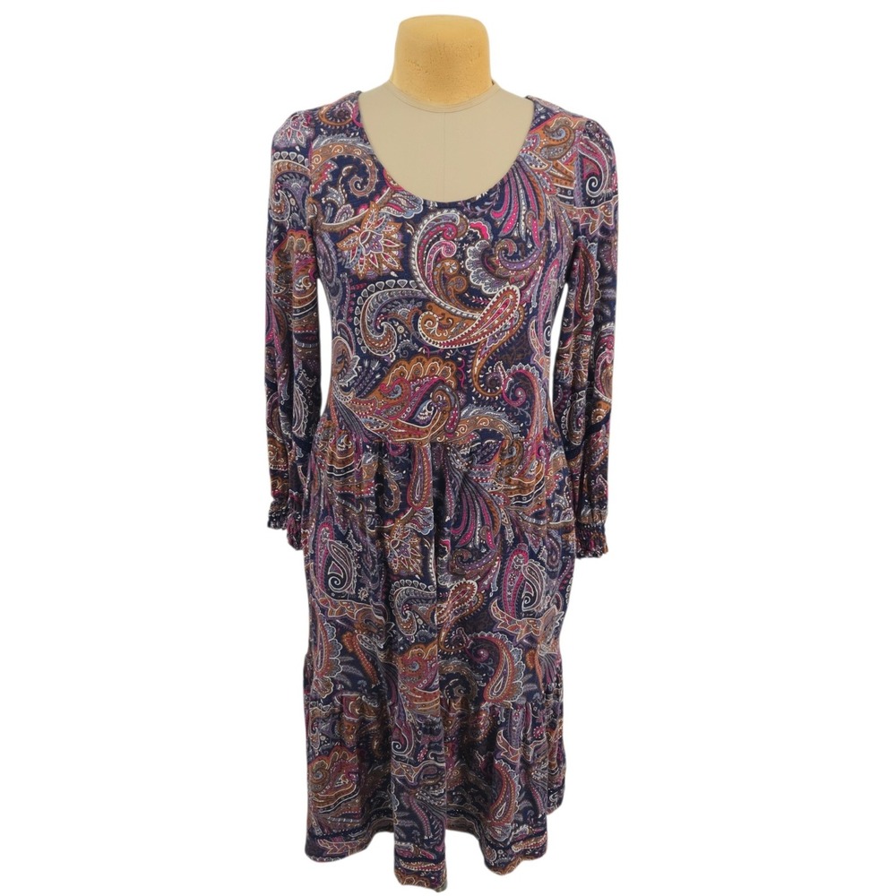 Canyon Retreat Womens Large Paisley Long Sleeve Tiered Midi Dress Boho Peasant
